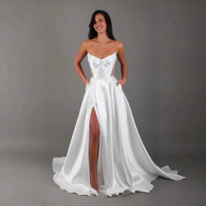 White Satin Slit Pocket Bandage Wedding Dress