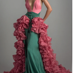 Two-Tone Deep V Gown With Detachable Cascading Ruffle Train