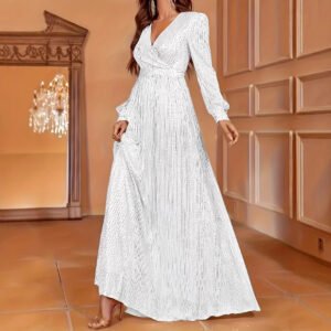 Elegant Dinner Sequined Long Sleeve V-neck High Waist Evening Dress