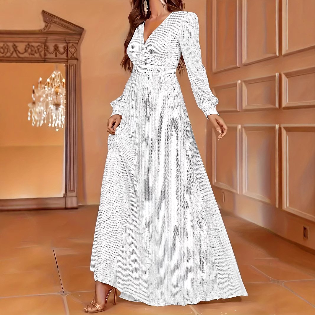 Elegant Dinner Sequined Long Sleeve V-neck High Waist Evening Dress
