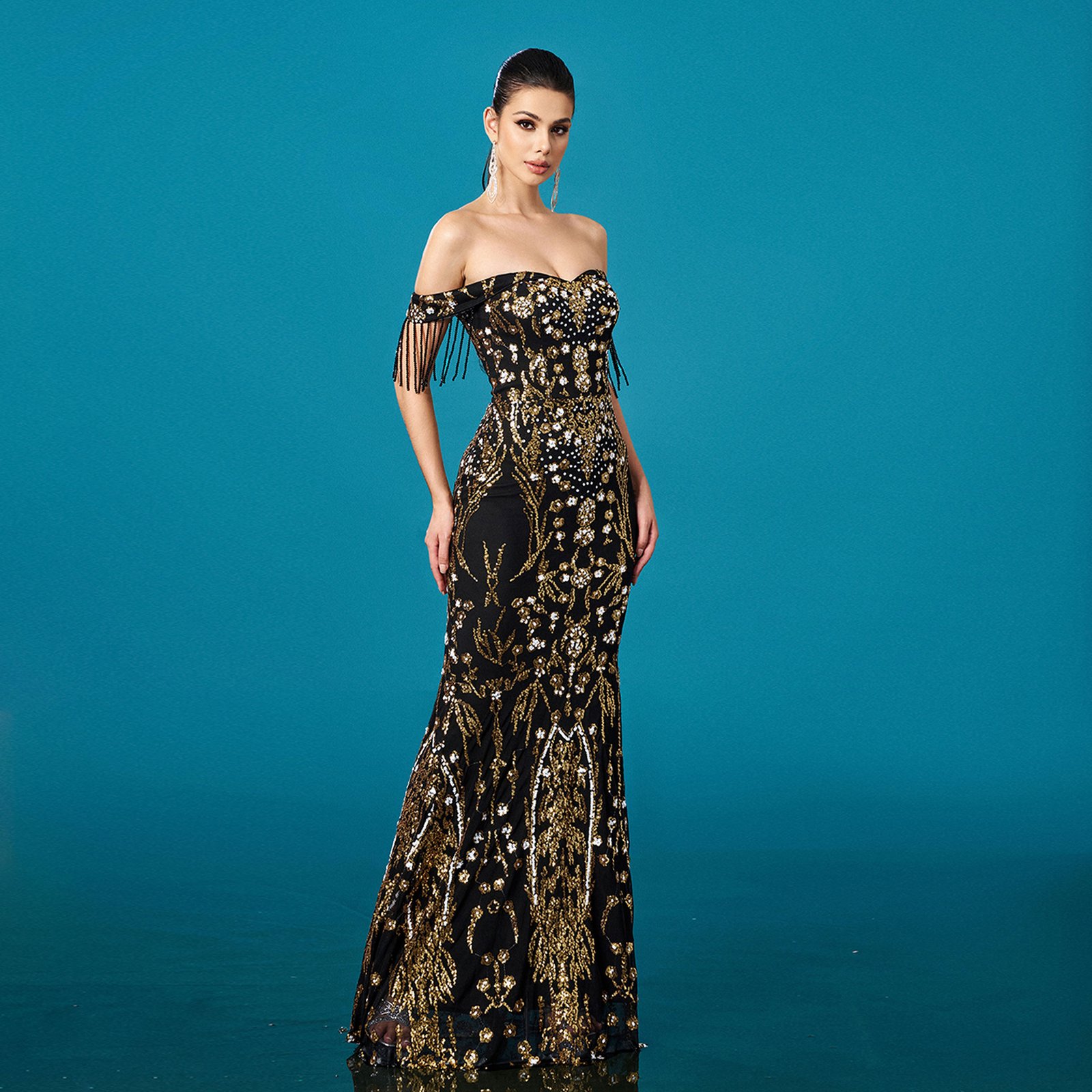 Off-neck Tassel Sequined Fishtail Evening Dress For Banquet - Image 4