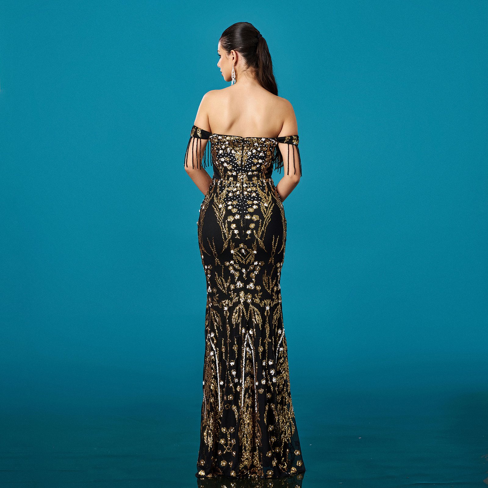 Off-neck Tassel Sequined Fishtail Evening Dress For Banquet - Image 3
