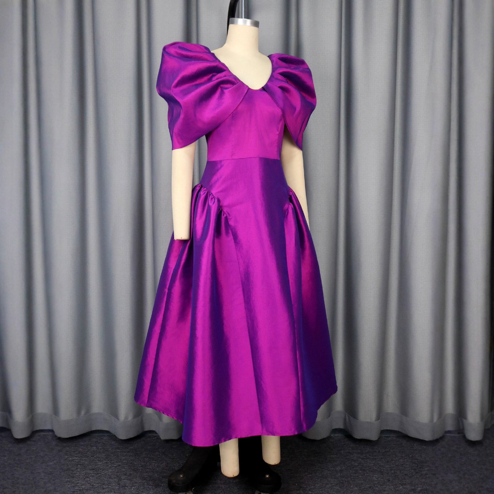 Puff Sleeve Evening Dress A Hem Pleated Banquet Dress - Image 3