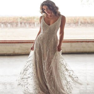 New style dress with gold foil print and V-neck, long length.