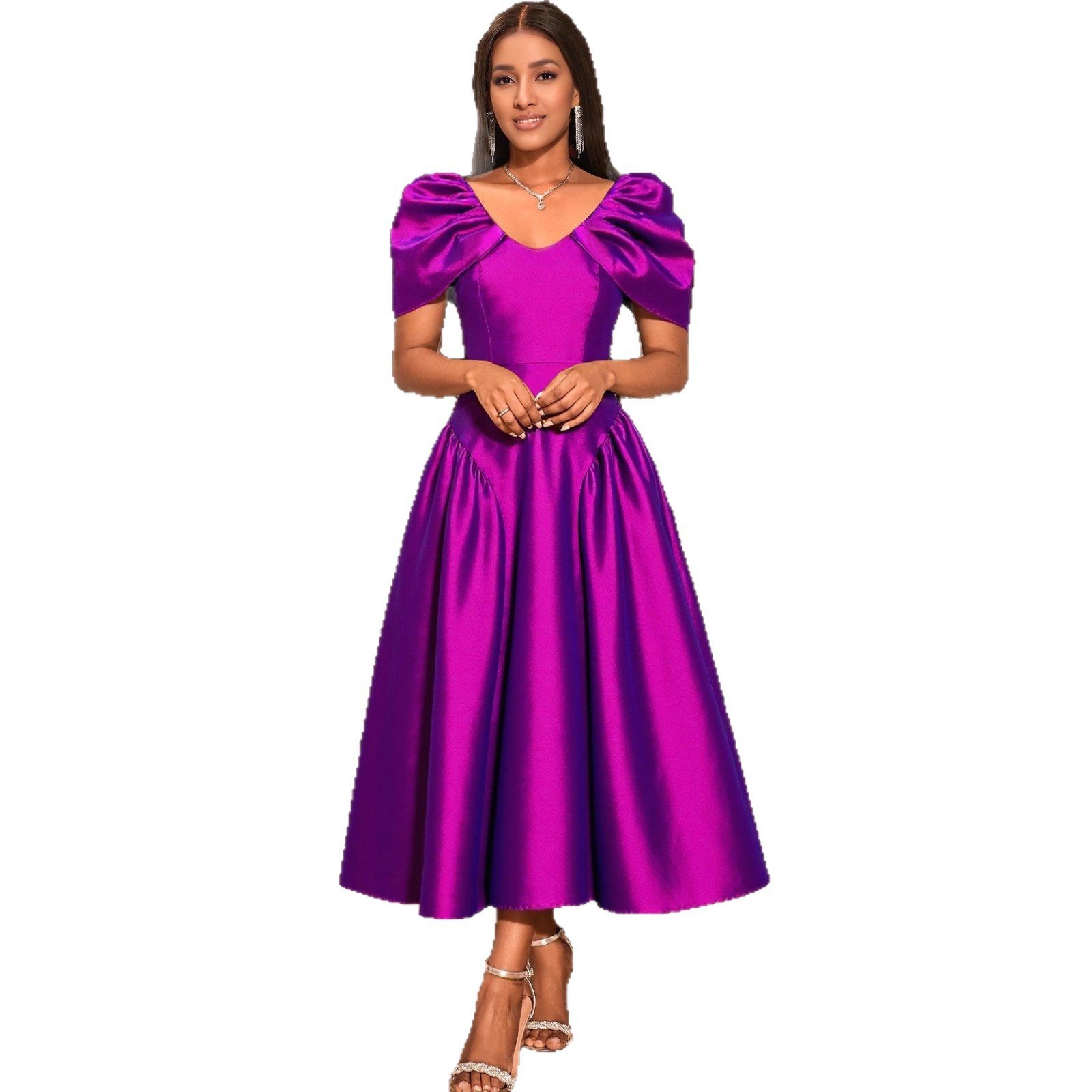 Puff Sleeve Evening Dress A Hem Pleated Banquet Dress - Image 2