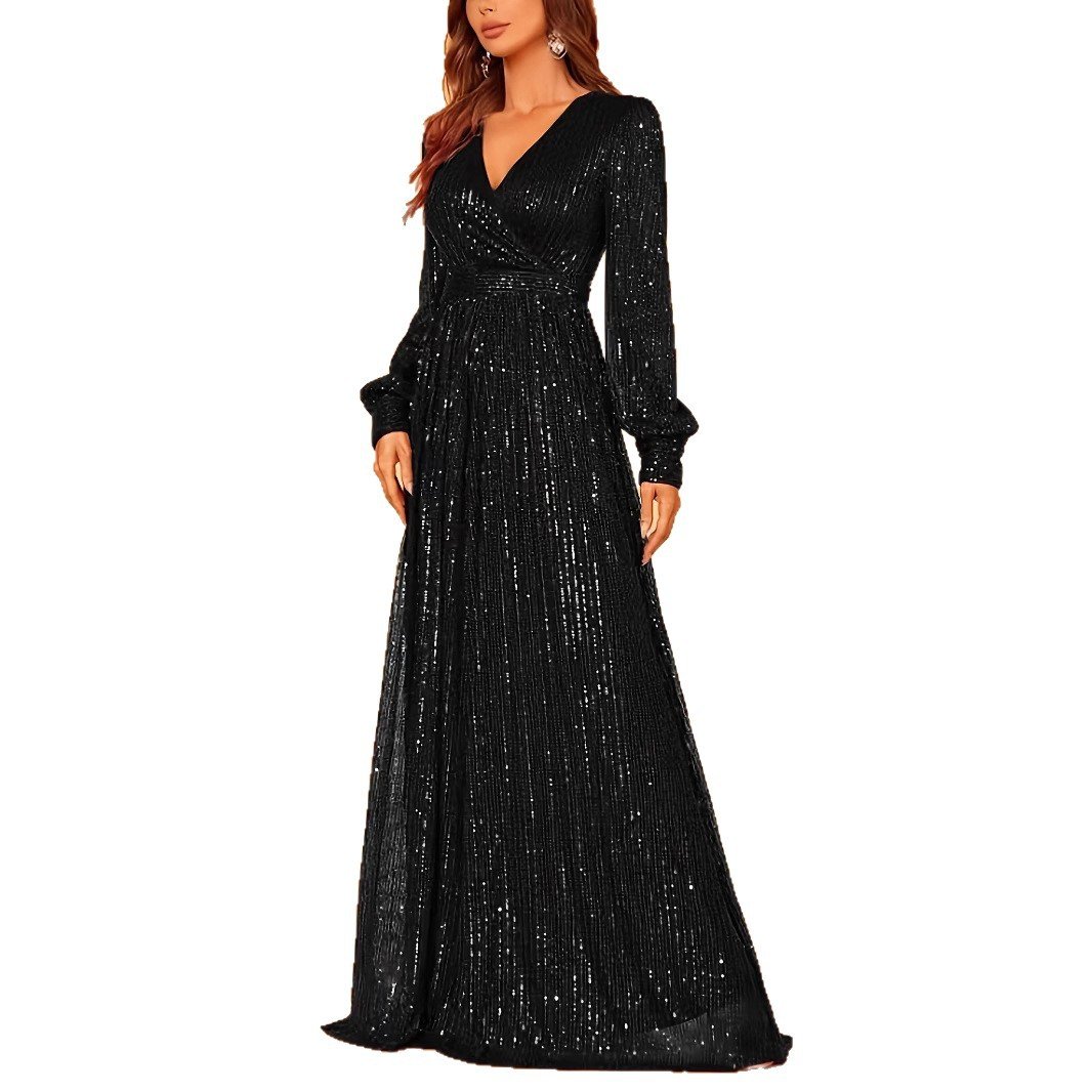 Elegant Dinner Sequined Long Sleeve V-neck High Waist Evening Dress - Image 2