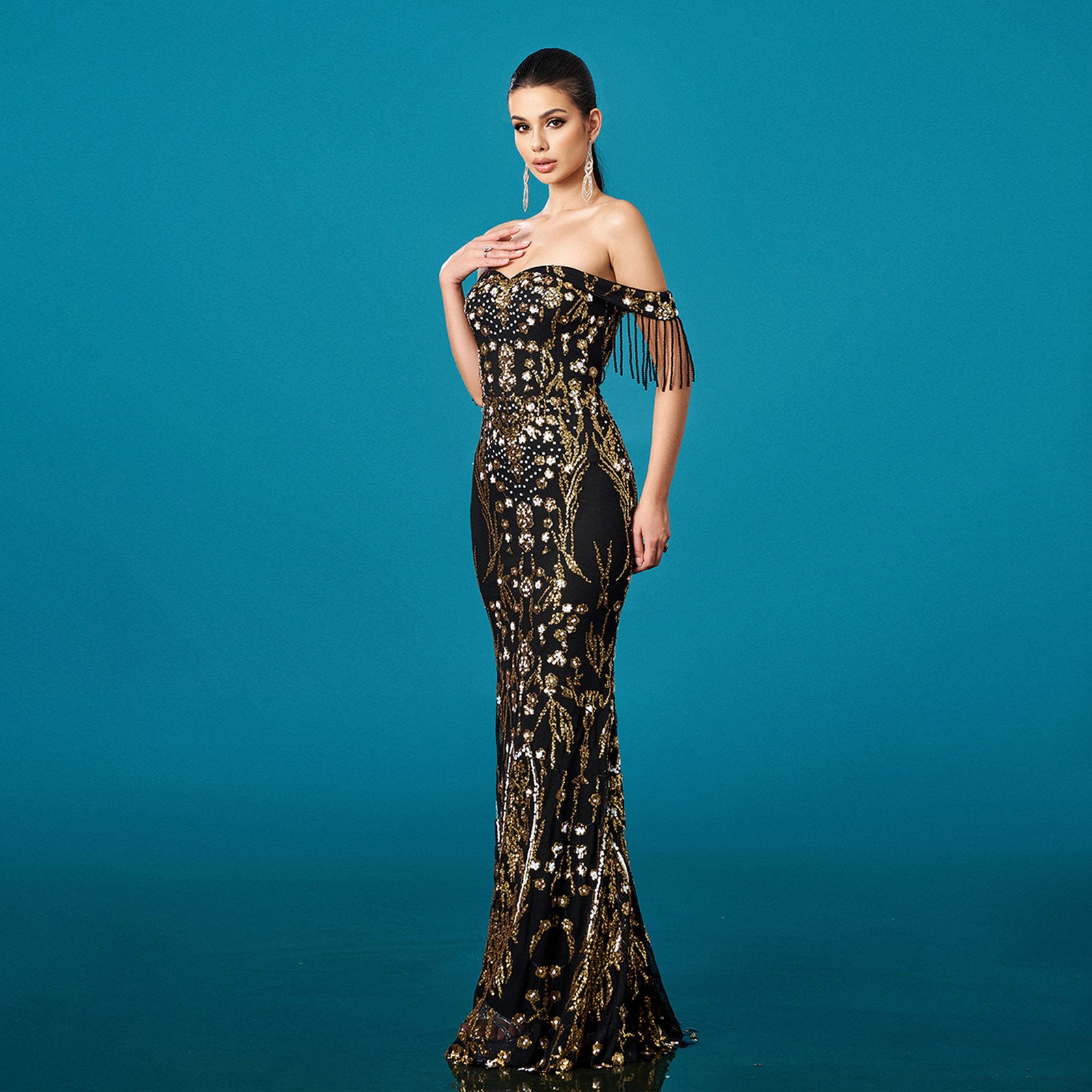 Off-neck Tassel Sequined Fishtail Evening Dress For Banquet - Image 2