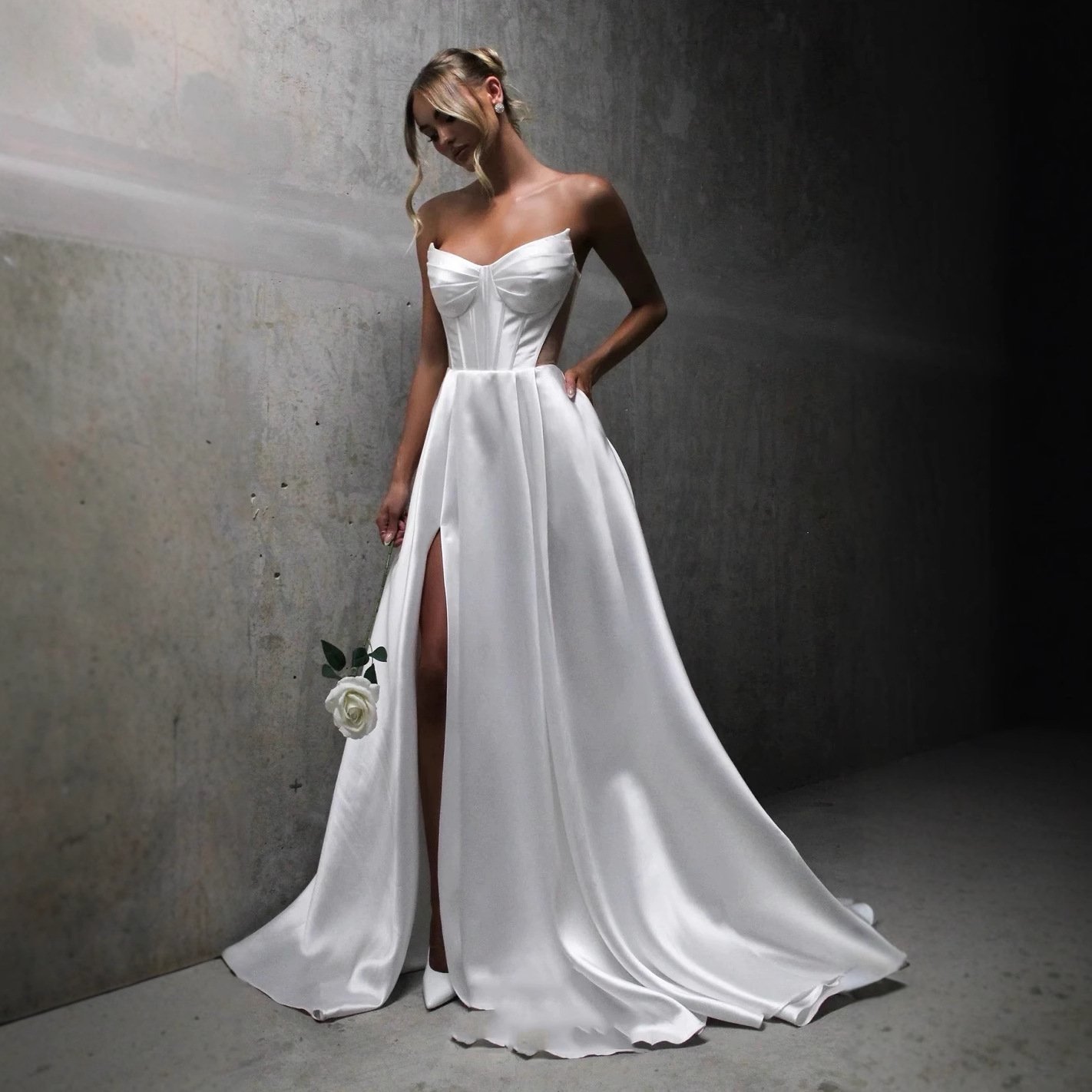 White Satin Slit Pocket Bandage Wedding Dress - Image 3